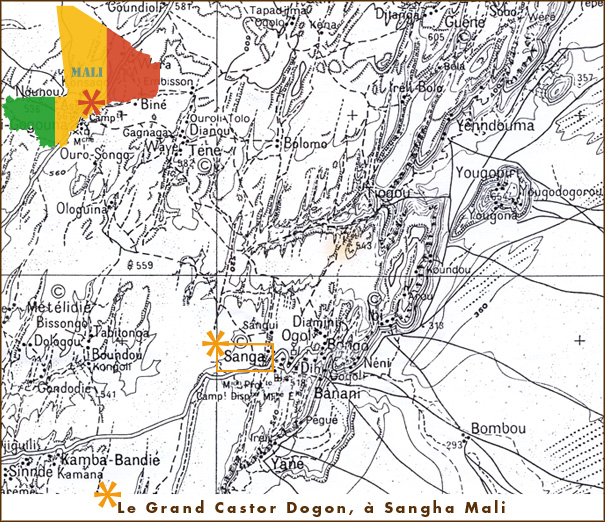 Carte détaillée du pays Dogon, situant Le Grand Castor Dogon, Auberge - Bar - Restaurant - Camping - Guides - à Sangha au Mali